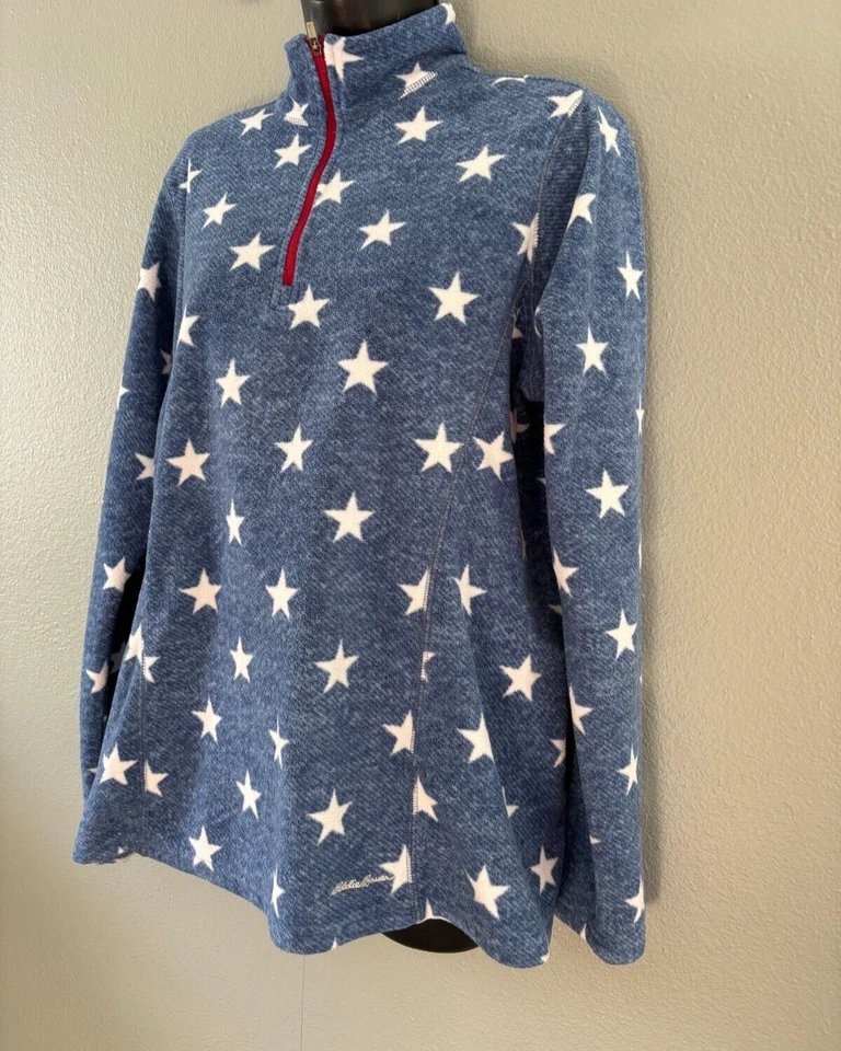 Pullover polar Eddie Bauer 1/4 cremallera para mujer grande azul con estrellas blancas manga larga Foto 3 de 4