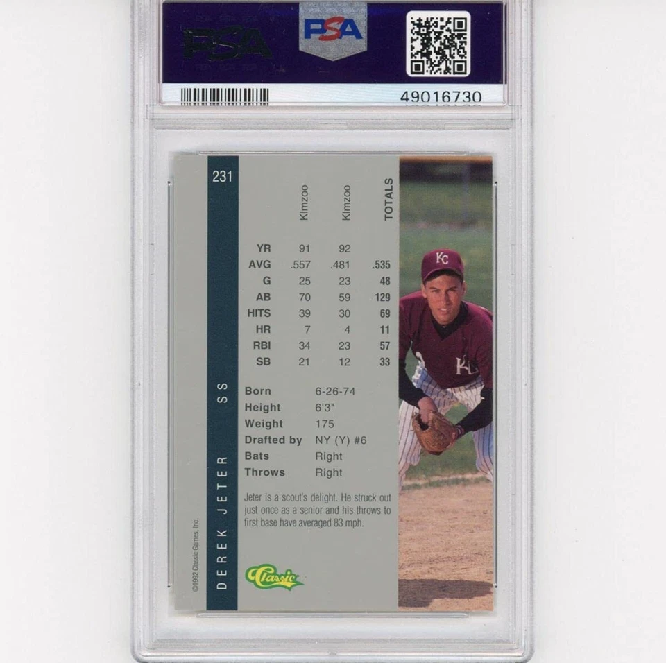 Tarjeta de béisbol radiocontrol de novato Derek Jeter #231 deportiva clásica 4 1992 graduada PSA 10 como nueva Foto 2 de 2