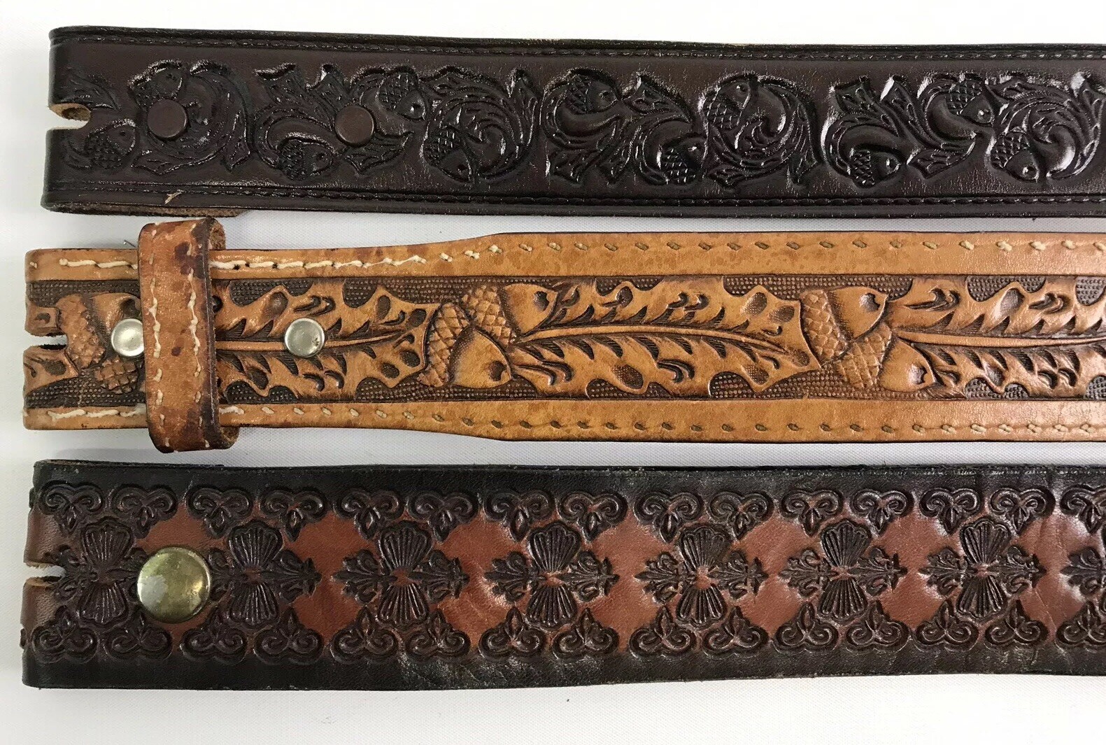 Group of 3 Vintage Brown Leather Cowhide Belts, Mens … Gem