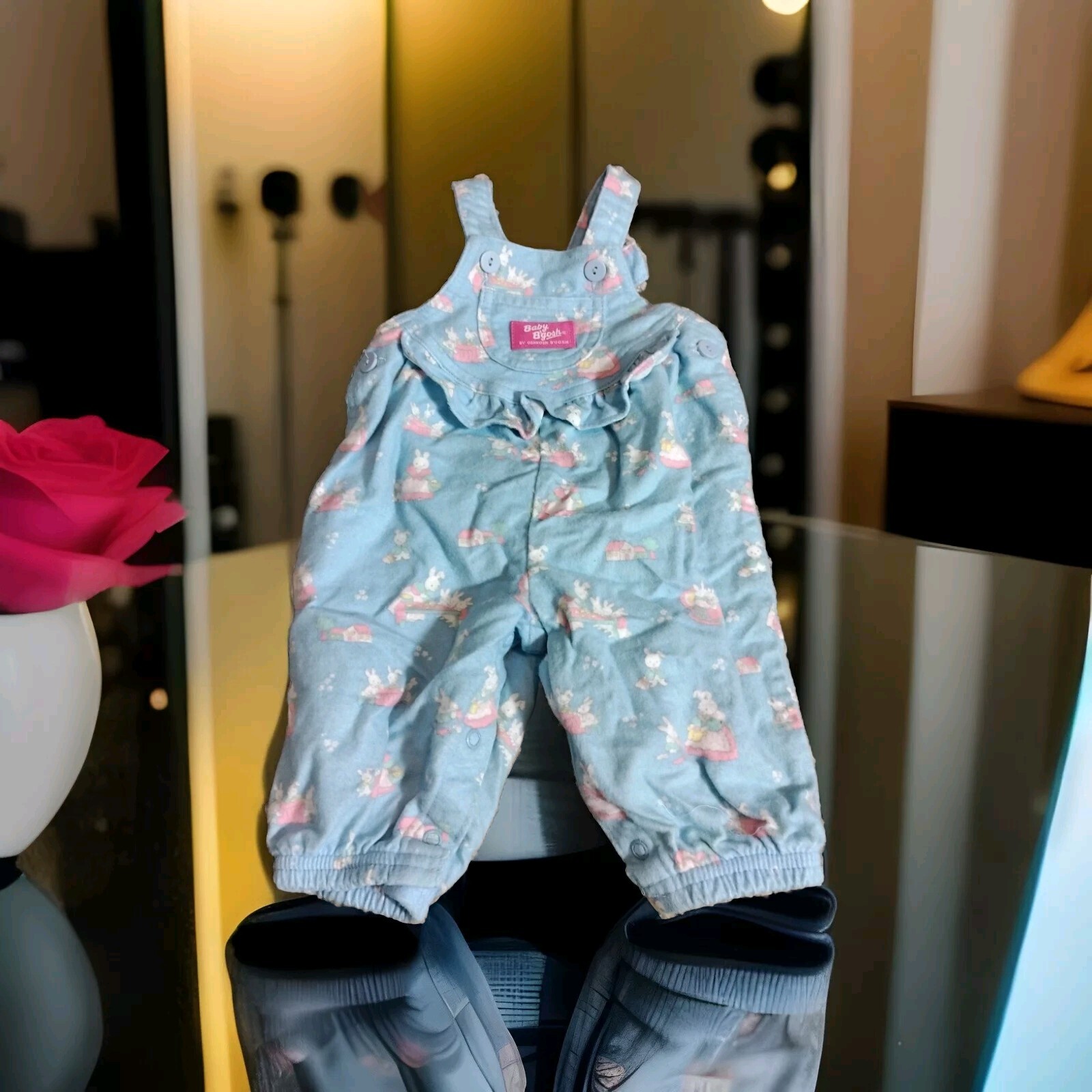 VTG OshKosh B'Gosh Vestbak Blue Soft Cotton Bunny Overalls Girl's No Size 6m?