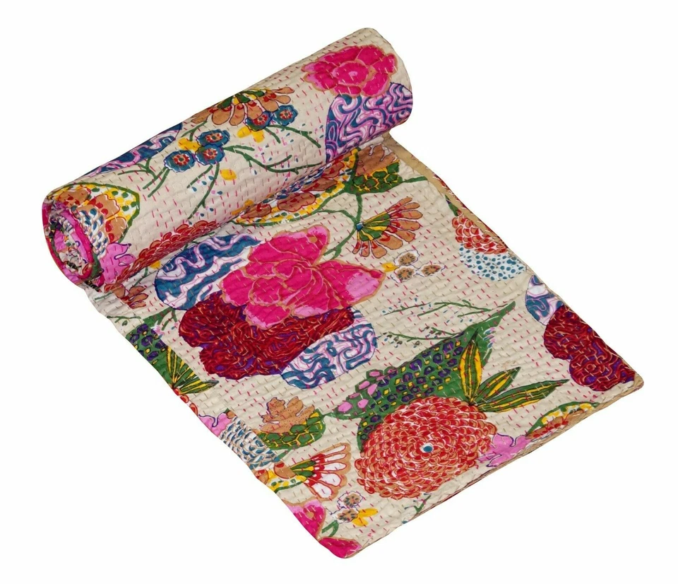 Manta de cama reversible boho de algodón edredón Kantha de mandala indio Foto 4 de 4