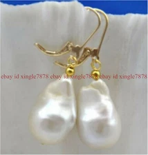 Natural 15x20mm White Baroque Reborn Keshi Pearl Leverback Dangle Earrings