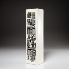 Georges Briard Mid Century Modern Silver On White Ceramic Vase 15.25