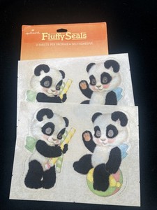 VINTAGE HALLMARK Fuzzy STICKERS PANDAS FLOCKED SEALS 2 SHEETS 1981 HTF Fluffy