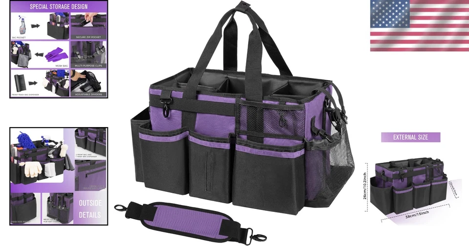 Carrito de limpieza portátil portátil portátil con correas ajustables y 8 compartimentos, púrpura Foto 2 de 4