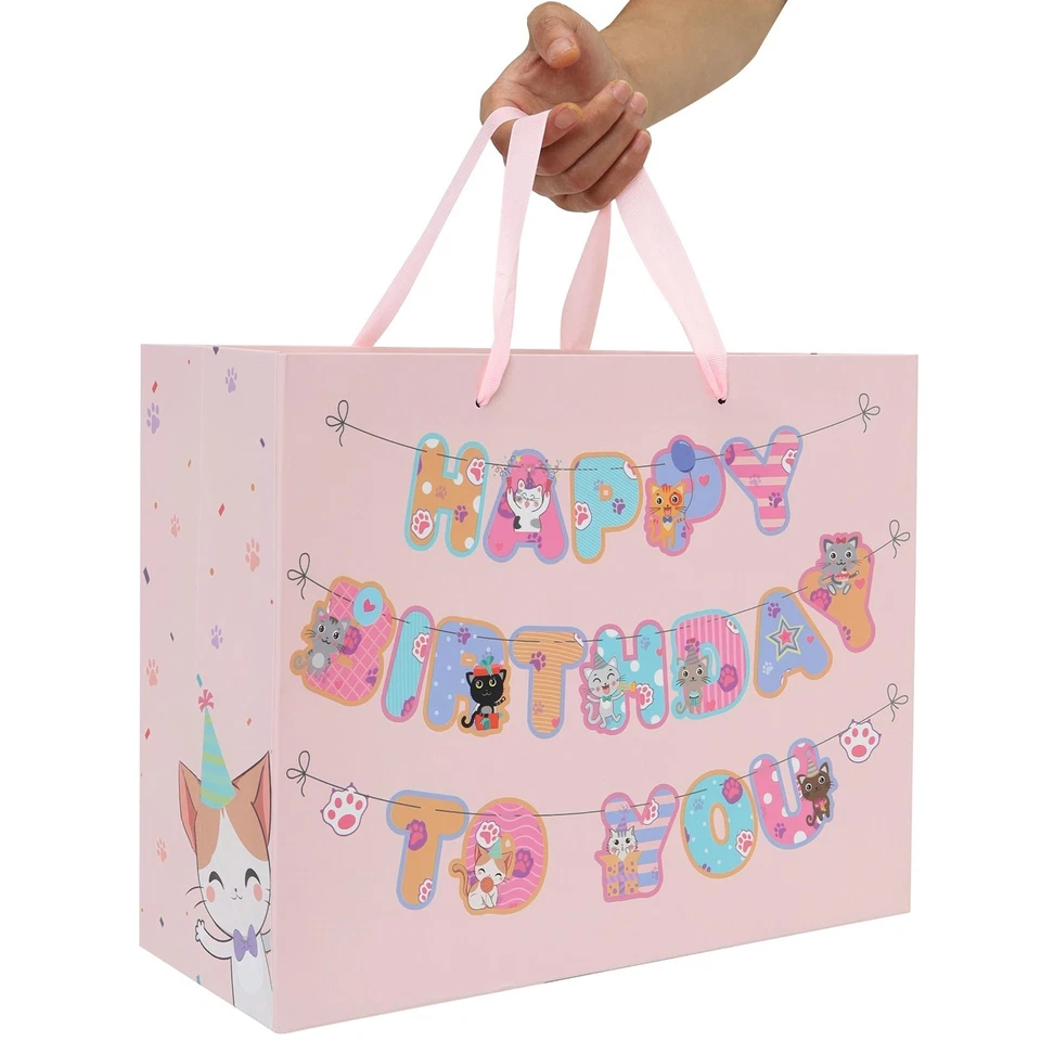 Cat Kraft Paper Party Favor Bag, 13-inch Pink Birthday Gift Bag Set - Image 4 of 4