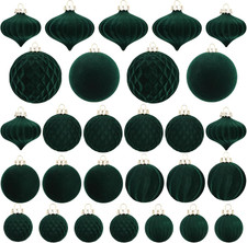 Green Velvet Christmas Tree Ornaments - 28-Piece Flocked Ball Set