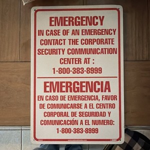 NMC Emergency Security Communication Sign Bilingual English/Spanish 1-800-383-8…