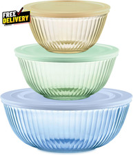 Colors Tinted 3 Pack Full Set Sculpted Tinted Glass Mixing Bowls with Lids N....
