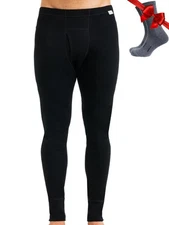 Mens Merino Wool Thermal Base Layer Pants  Socks - Heavyweight, Large, Black