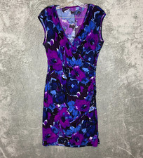Chaps Women Colorful Floral Ruched Faux Wrap Surplice Jersey Stretch Dress L*