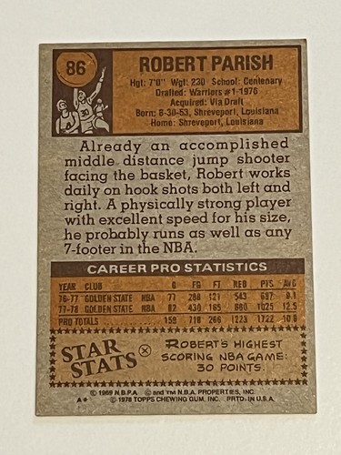 1978-79 Topps #86 Robert Parish NBA Golden State Warriors - Picture 2 of 3