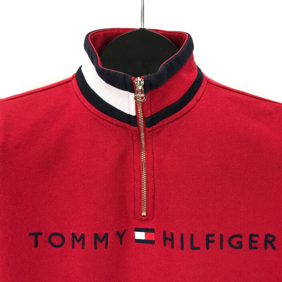 Tommy Hilfiger Sudadera Pullover Cremallera 1/4 Para Mujer Pequeña Roja Bordada Informal Foto 4 de 4