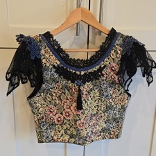 Women’s Floral Tapestry Lace-Up Corset Top Crop Lace Trim Black Blue M