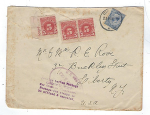 1934 Great Britain to Liberty NY, 15c Postage Due, 2 1/2d KGV