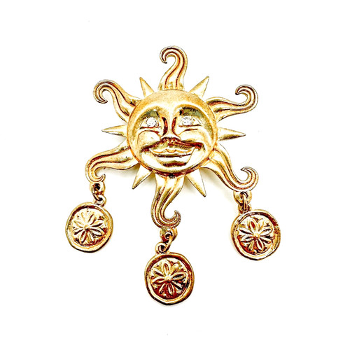 Sun Brooch Unbranded Gold Tone Dangle Coins Crystal Eyes 3.25" x 3" Vintage