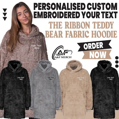 Personalisierter bestickter Teddybär Fleece Hoodie Erwachsene kuschelig warm Loungewear