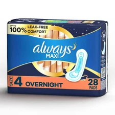 Always Maxi Pads Size 4 Overnight Absorbency Unscented without Wings, 28 Count