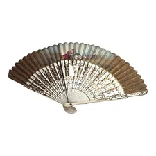 Vintage Alexandre Hand-Painted Folding Fan Signed Gold & Courting Couple READ