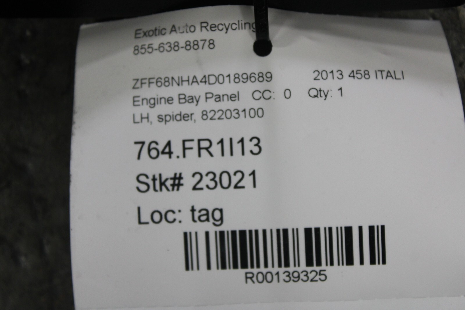 Ferrari 458 Spider, LH, Left, Engine Bay Panel, Used, P/N 82203100