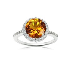 Round Halo Simulated Citrine  Cubic Zirconia Ring in Sterling Silver, Size 6