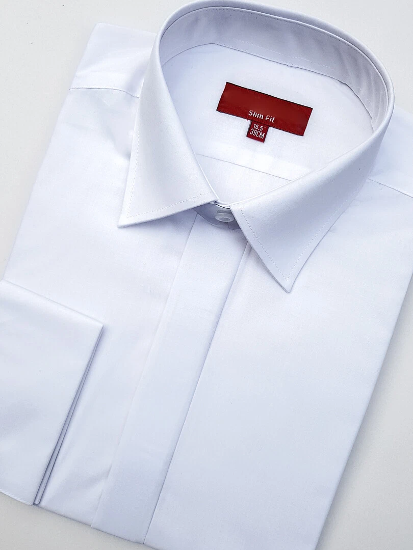 Mens White Wedding Prom Dinner Day Normal Collar Double Cuff Formal Shirt