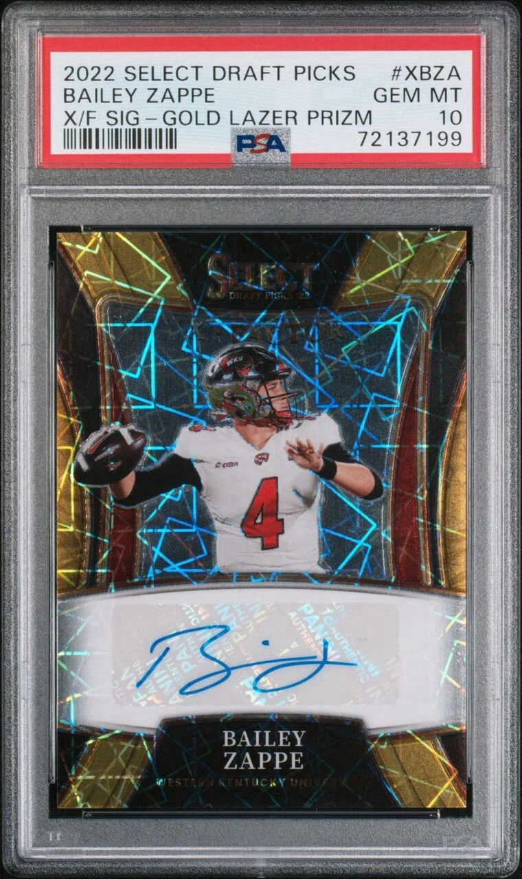 Bailey Zappe Panini Select Draft Picks X-Factor Signatures #XBZA Gold Lazer Prizm