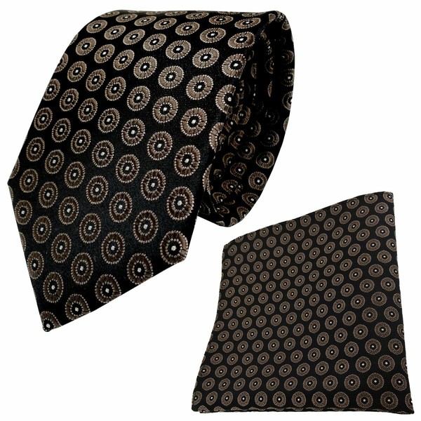 Tigertie Seidenkrawatte + Einstecktuch In Braun Dunkelbraun Silber Gepunktet-image