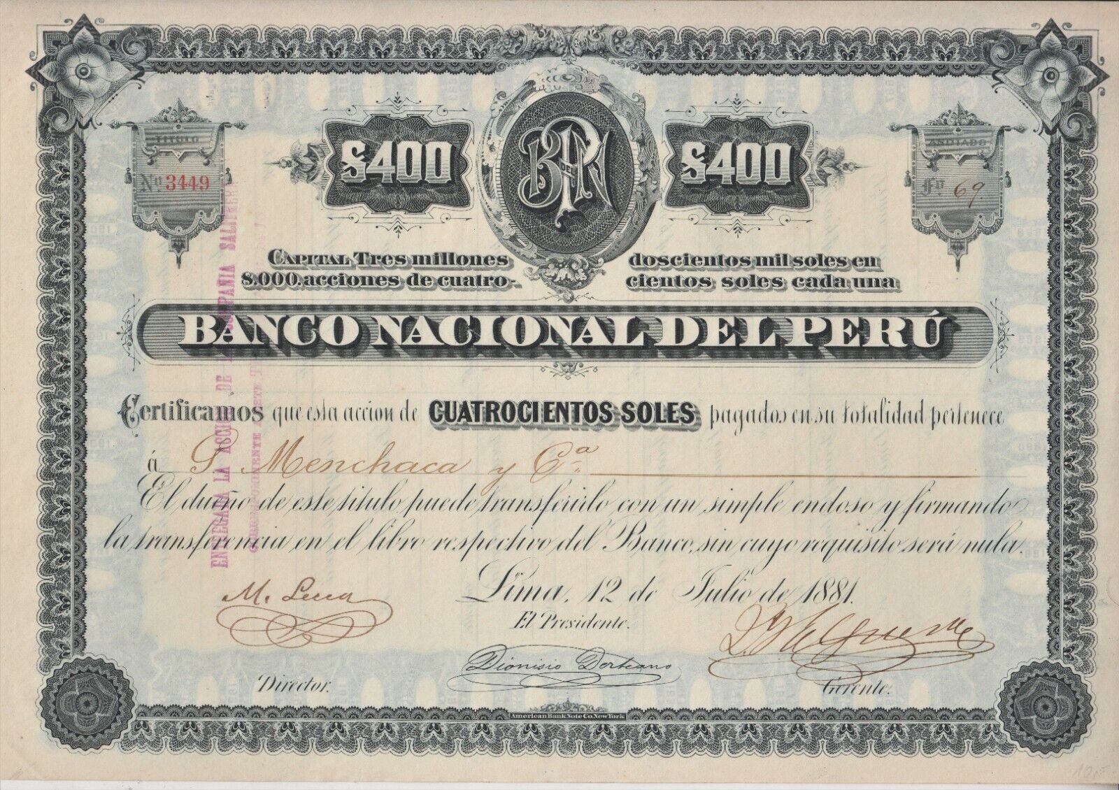 Peru 1881 Banco Nacional Perú 400 soles share certificate stock