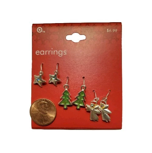 Juego de 3 Pendientes Festivos Árbol de Navidad Estrella de Ángel Plata Objetivo Foto 4 de 4