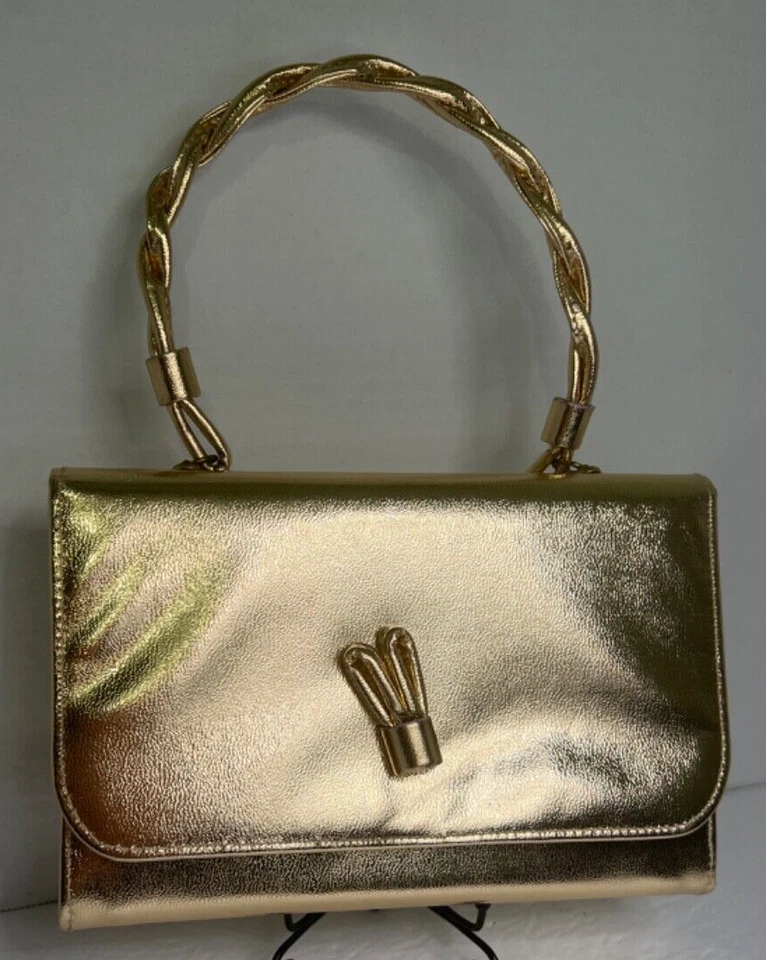 Purse Metallic Gold Top Twisted Rope Handle w/Rope Design Centered Vintage 1960s - Image 4 of 4