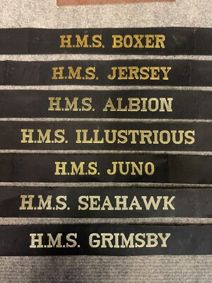 ROYAL NAVY ÜBERSCHUSSAUSGABE GEWEBTE KAPPE MÜTZE TALLIES, SCHWARZ MIT GOLDTEXT, HMS, 001