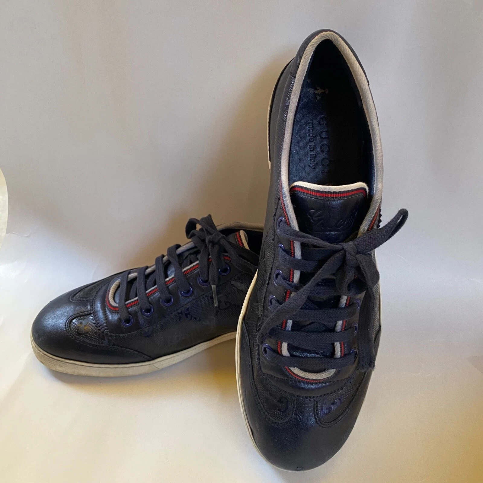 AUTHINTIC GUCCI 233321 Baskets Lo Top Cuir Bleu Taille 7 US Made in Italy