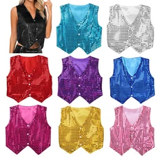 Womens Crop Tops Jazz Waistcoat Carnival Tank Vest Stage Clubwear Holiday Shiny