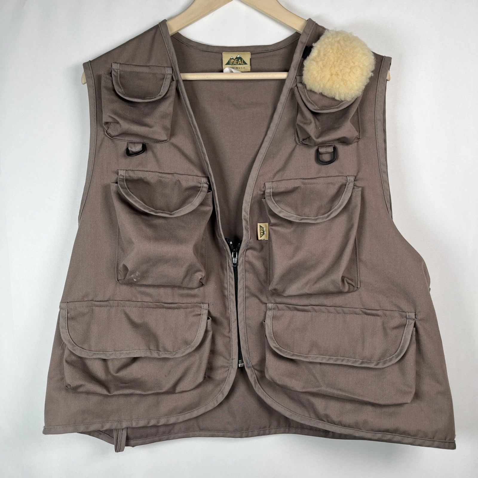 Vintage Ideal Fly-Fishing Vest XL Brown Cargo Pockets Fly Patch Made In USA