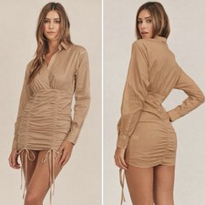Mable Janiee Drawstring Ruched Shirt Mini Dress Brown Size Small Going Out Party