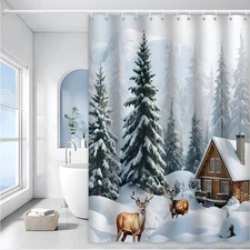 Winter Cabin Shower Curtain Snowy Pine Trees Deer Rustic Lodge Holiday Bathroom 
