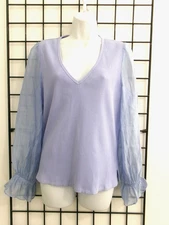 S'EDGE BOUTIQUE   🌸  MEDIUM / LARGE 38" BUST==BLUE KNIT TOP WITH SHEER SLEEVES