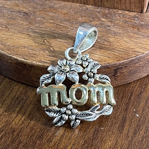 Vtg Two Tone MOM Floral Wreath Pendant Silver Gold Charm Mixed Metal