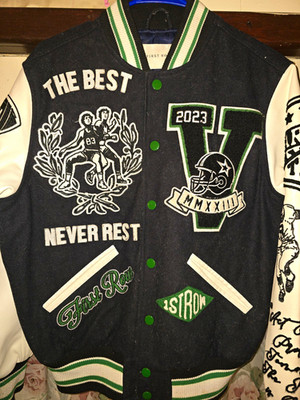 First Row Mens XS Varsity Jacket Black/White/Green Embroidered