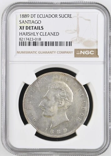 ECUADOR  1 SUCRE 1889  SANTIAGO  KM # 53.2  NGC  XF DETAILS.