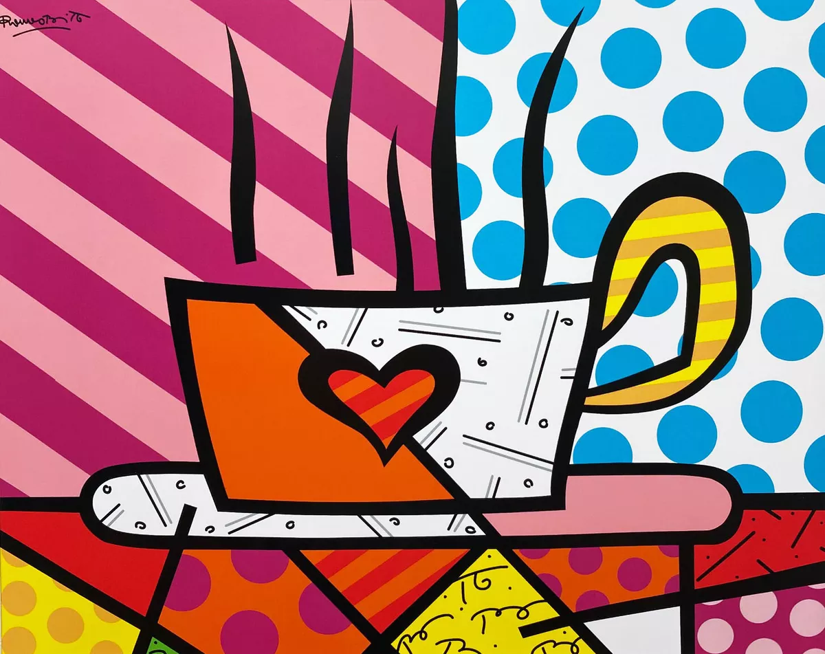 Romero Britto Latte Love NEWLY CUSTOM Matted FRAMED Art Print POP Coffee  Cup