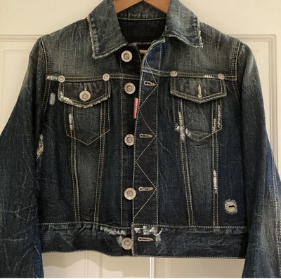 $795 Dsquared2 Women Dark Blue Denim Cropped Distressed Jean Jacket sz 44/US 8