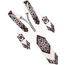 NATIVE STYLE HANDCRAFTED ETHNIC BROWN WHITE BEADED NECKLACE EARRINGS SET S58/7