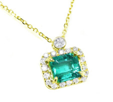 14K Colombian Emerald  Diamond Sideways Pendant Necklace Solid Yellow Gold