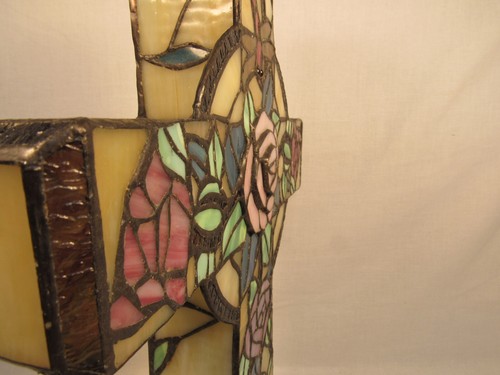 Tiffany Style Stained Glass Cross Rose Floral Design 18"x12.75" Estate Find - Picture 16 of 16