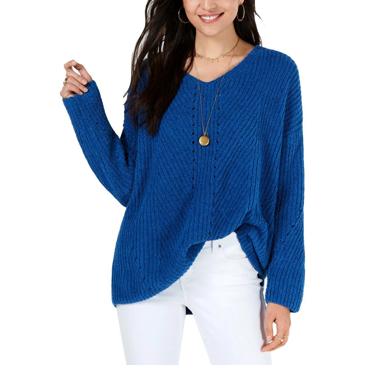 Style & Co Womens Ocean Tide Blue Chenille Knit Sweater Size
