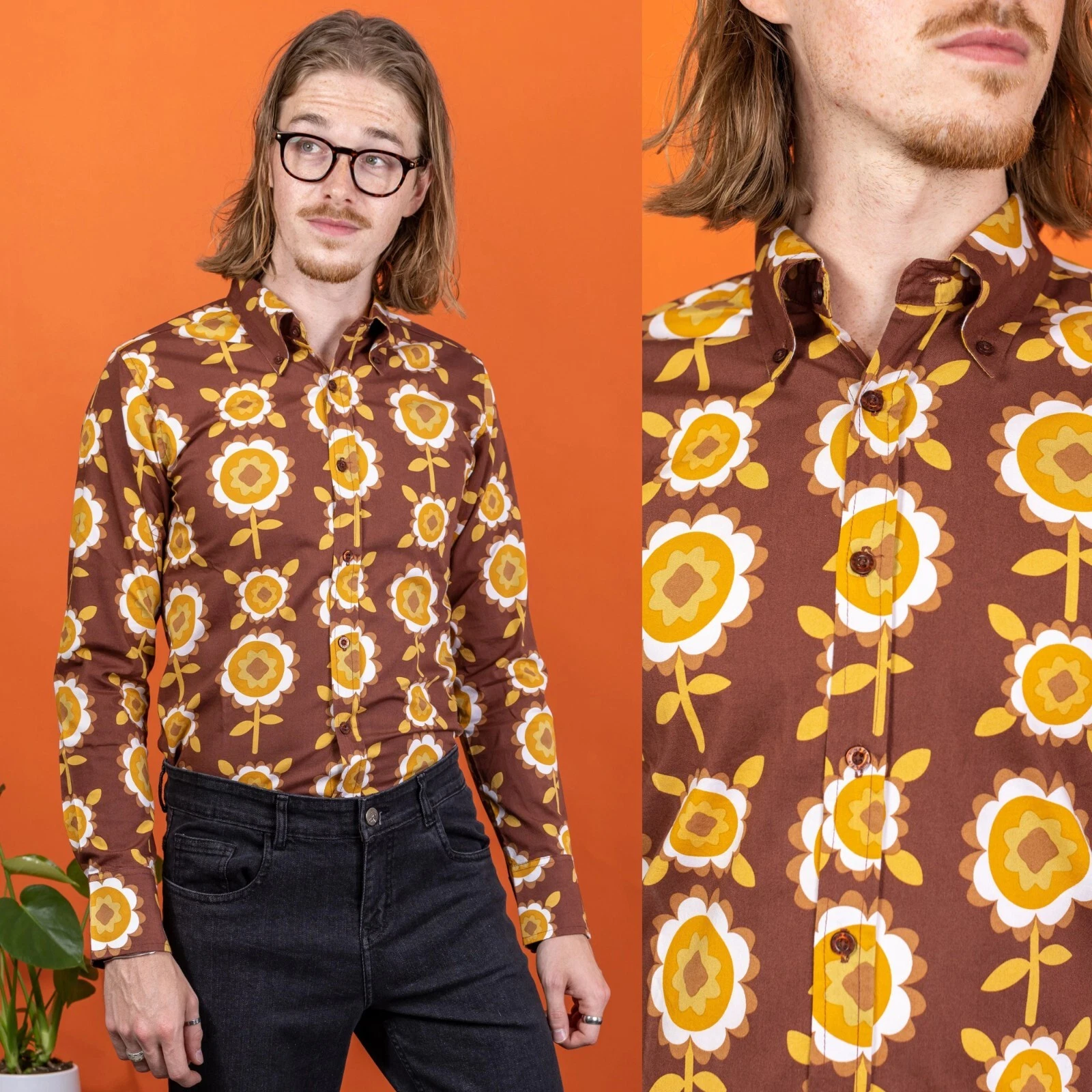 RUN AND FLY Brown Retro Flowers Print Shirt S-3XL Mod Vtg Groovy