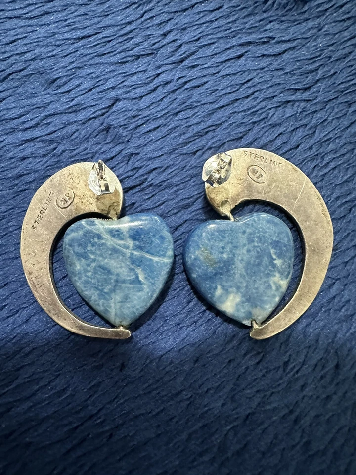 Винтажные дизайнерские серьги-спины из стерлингового серебра 925 пробы с синим кальцитом, 1,25 дюйма - Изображение 2 из 4