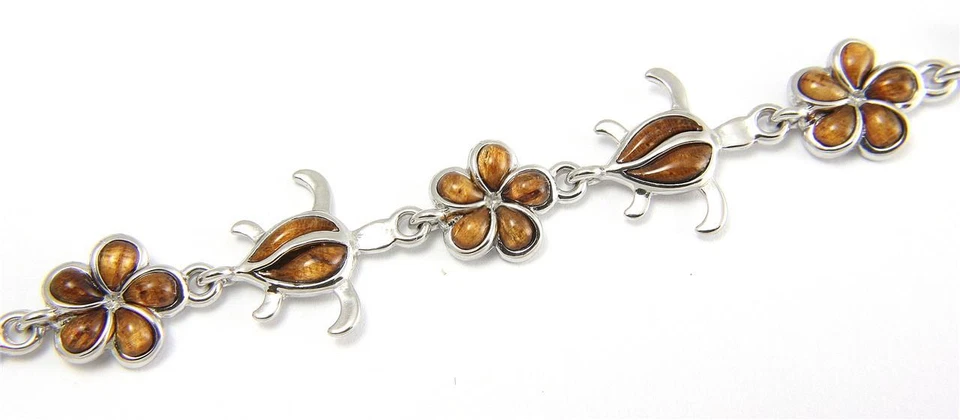 PULSERA TORTUGA HONU PLUMERIA MADERA KOA HAWAIANA INCRUSTACIÓN GENUINA PLATA 925 7 1/8"+ Foto 2 de 3